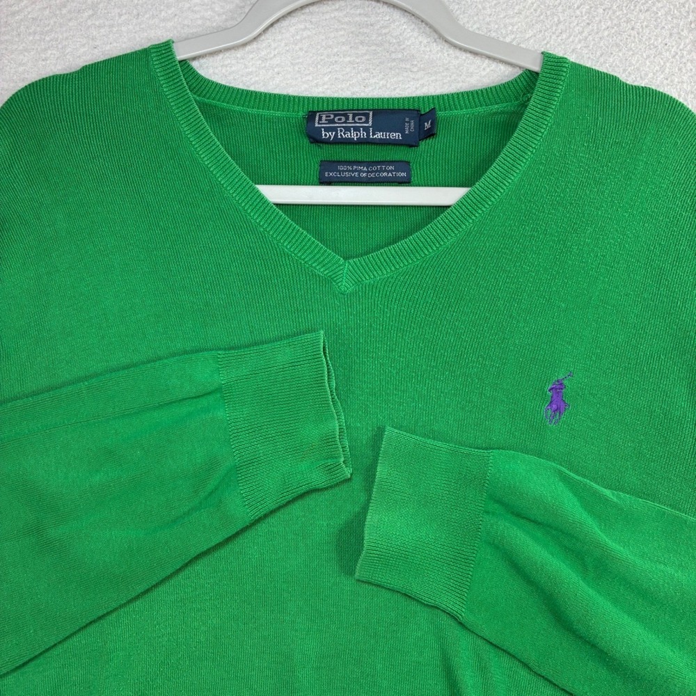 Polo Ralph Lauren V Neck Sweater Men M Green Pima Cotton Preppy Pullover Classic